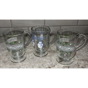 3 Vintage Libbey Christmas Coffee Eggnog Footed Mugs 2 Holly Berry 1 Snowman